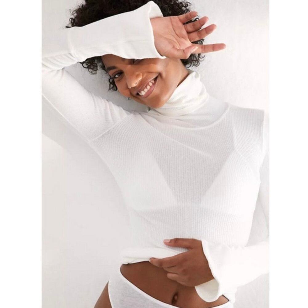 FREE PEOPLE Sydney Ribbed Long Flounce Sleeve Turtleneck Top Ivory Medium M